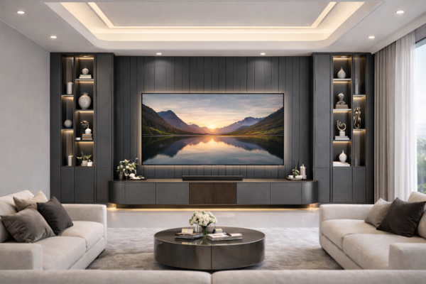 Obsidia Media Wall Front Metallic Grey Color Obsidia Media Wall Front Metallic Grey Color