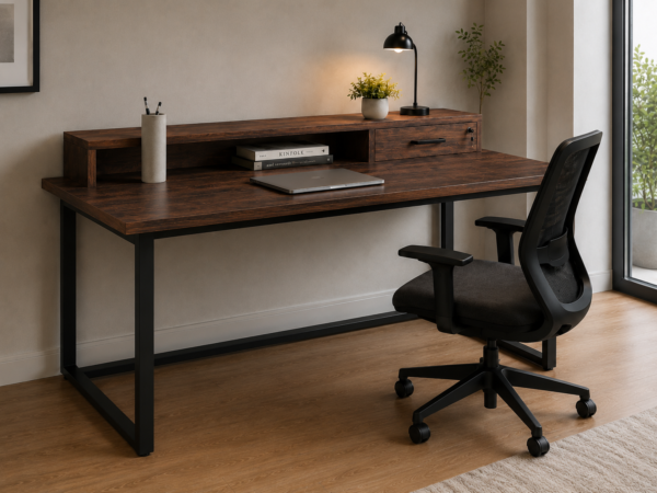 Altura Workstation Perspective With Chair Dark Walnut Matte Black Color Altura Workstation Perspective With Chair Dark Walnut Matte Black Color