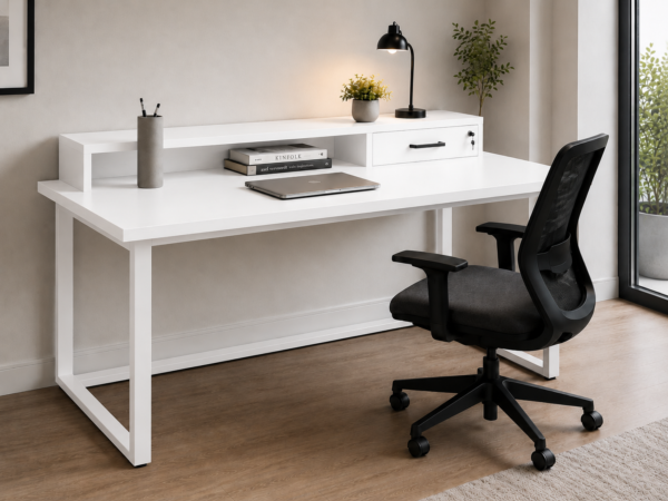 Altura Workstation Perspective With Chair Pure White Matte Black Color Altura Workstation Perspective With Chair Pure White Matte Black Color