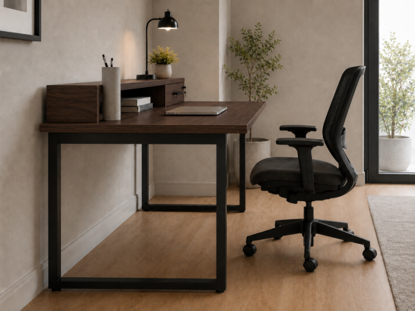 Altura Workstation Side View With Chair Dark Walnut Matte Black Color Altura Workstation Side View With Chair Dark Walnut Matte Black Color