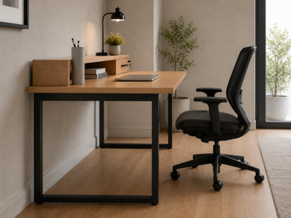 Altura Workstation Side View With Chair Natural Oat Matte Black Color Altura Workstation Side View With Chair Natural Oat Matte Black Color