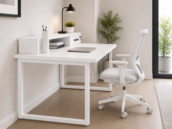 Altura Workstation Side View With Chair Pure White Matte Black Color Altura Workstation Side View With Chair Pure White Matte Black Color