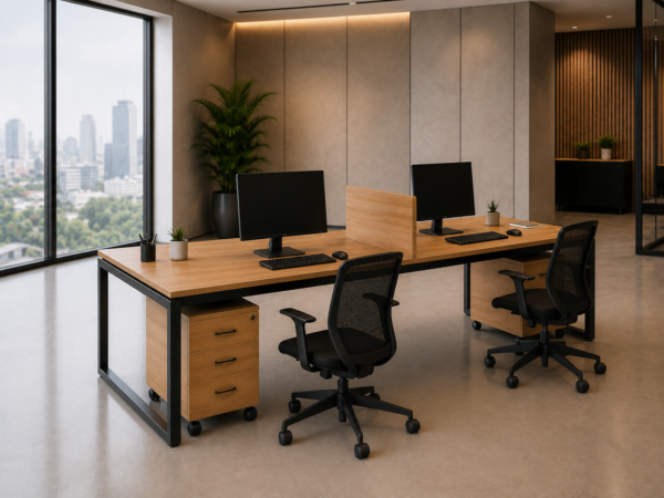 Axis 2persons Workstation Rear Perspective View Natural Oat Matte Black Color Axis 2persons Workstation Rear Perspective View Natural Oat Matte Black Color
