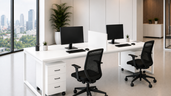Axis 2persons Workstation Rear Perspective View Pure White Matte Black Color