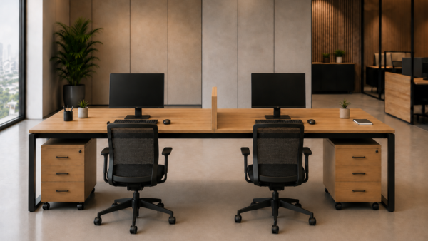 Axis 2persons Workstation Rear View Natural Oat Matte Black Color