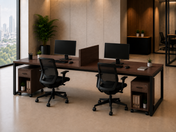 Nexus 2persons Workstation Rear Perspective View Dark Walnut Matte Black Color Nexus 2persons Workstation Rear Perspective View Dark Walnut Matte Black Color