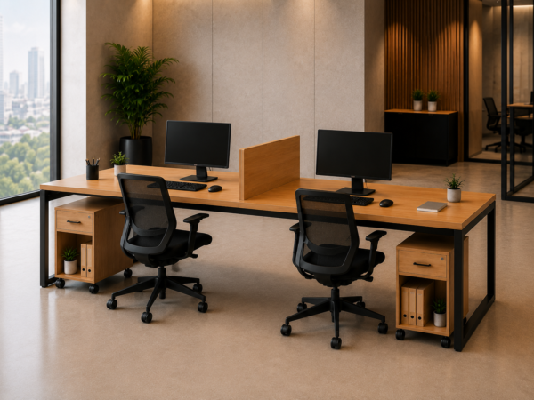 Nexus 2persons Workstation Rear Perspective View Natural Oat Matte Black Color Nexus 2persons Workstation Rear Perspective View Natural Oat Matte Black Color