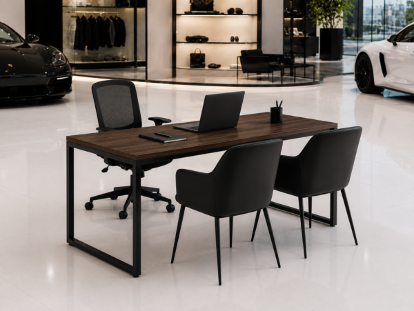 Orion Workstation Front Perspective View Dark Walnut Matte Black Color Orion Workstation Front Perspective View Dark Walnut Matte Black Color