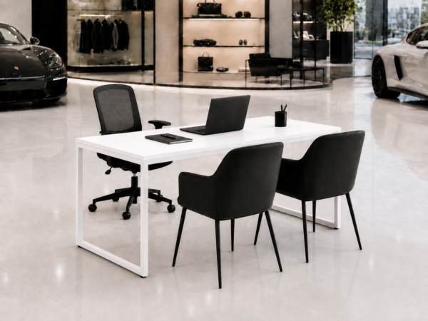 Orion Workstation Front Perspective View Pure White Matte Black Color Orion Workstation Front Perspective View Pure White Matte Black Color