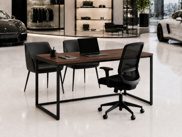 Orion Workstation Perspective With Chair Dark Walnut Matte Black Color Orion Workstation Perspective With Chair Dark Walnut Matte Black Color