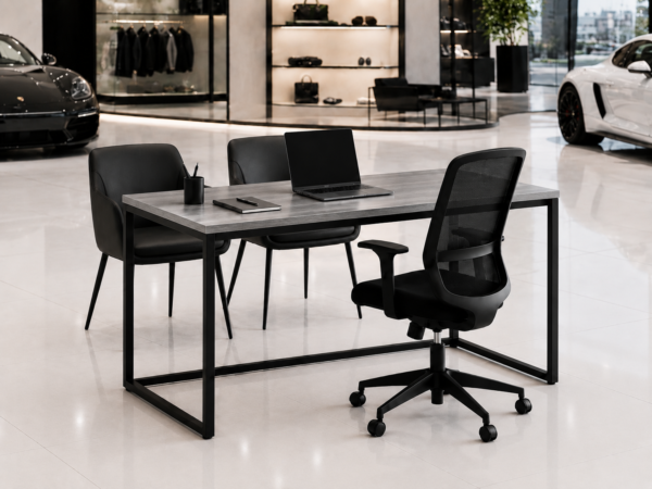 Orion Workstation Perspective With Chair Metallic Grey Matte Black Color Orion Workstation Perspective With Chair Metallic Grey Matte Black Color