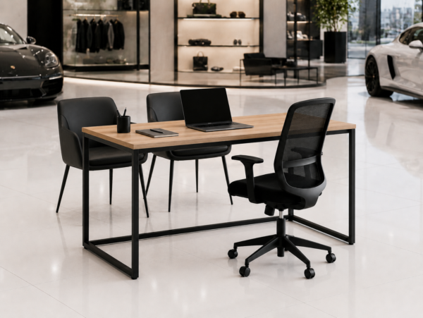 Orion Workstation Perspective With Chair Natural Oat Matte Black Color Orion Workstation Perspective With Chair Natural Oat Matte Black Color