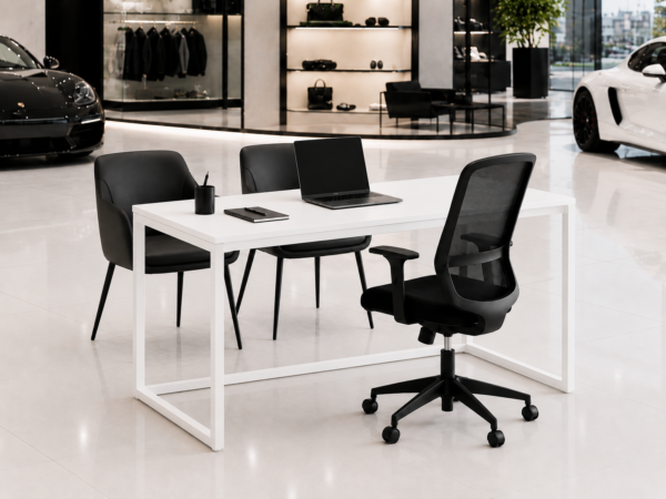 Orion Workstation Perspective With Chair Pure White Matte Black Color Orion Workstation Perspective With Chair Pure White Matte Black Color