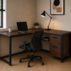 Vectra Workstation Perspective With Chair Dark Walnut Matte Black Color Vectra Workstation Perspective With Chair Dark Walnut Matte Black Color