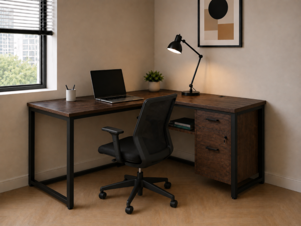 Vectra Workstation Perspective With Chair Dark Walnut Matte Black Color Vectra Workstation Perspective With Chair Dark Walnut Matte Black Color
