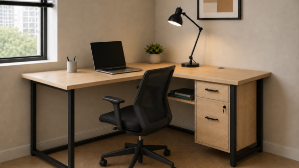 Vectra Workstation Perspective With Chair Natural Oat Matte Black Color Vectra Workstation Perspective With Chair Natural Oat Matte Black Color