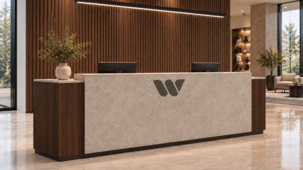 Altura Reception Desk Dark Walnut Angled View Altura Reception Desk Dark Walnut Angled View
