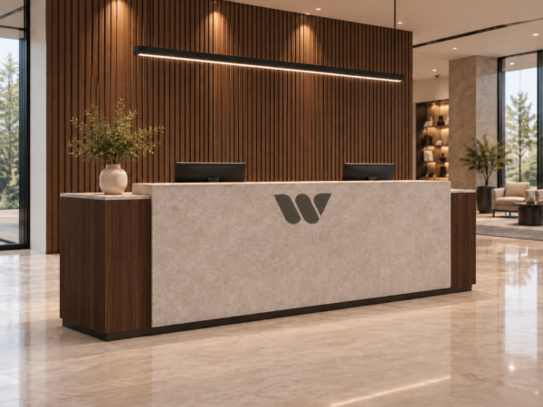 Altura Reception Desk Dark Walnut Angled View Altura Reception Desk Dark Walnut Angled View