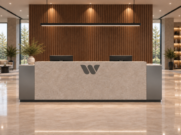 Altura Reception Desk Metallic Grey Front View Altura Reception Desk Metallic Grey Front View