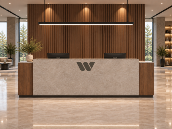Altura Reception Desk Natural Oat Front View Altura Reception Desk Natural Oat Front View