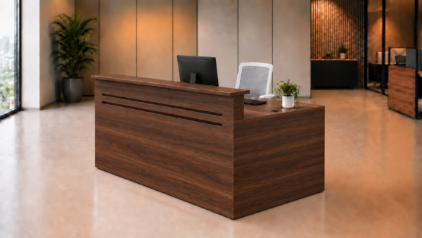 Axis Reception Desk Dark Walnut Angled View