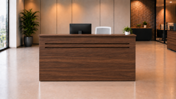 Axis Reception Desk Dark Walnut Front View Axis Reception Desk Dark Walnut Front View