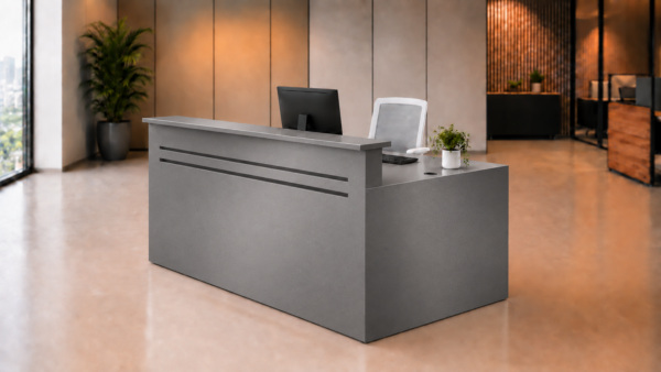 Axis Reception Desk Metallic Grey Angled View Axis Reception Desk Metallic Grey Angled View