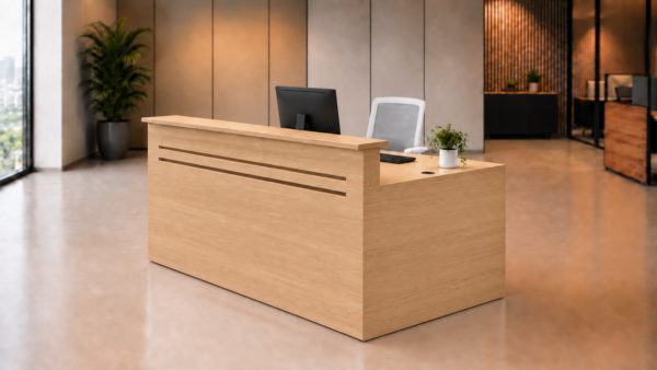 Axis Reception Desk Natural Oak Angled View Axis Reception Desk Natural Oak Angled View