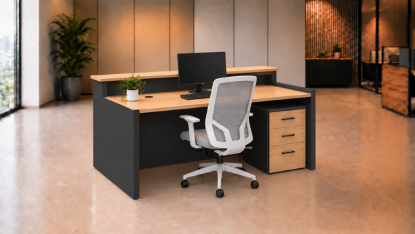 Axis Reception Desk Natural Oak Matte Charcoal Black Rear View Axis Reception Desk Natural Oak Matte Charcoal Black Rear View