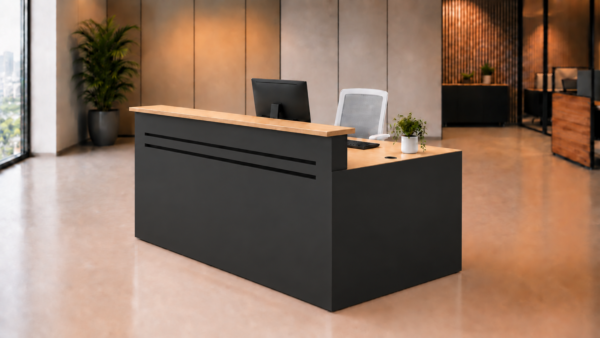 Axis Reception Desk Natural Oat Matte Charcoal Black Angled View Axis Reception Desk Natural Oat Matte Charcoal Black Angled View