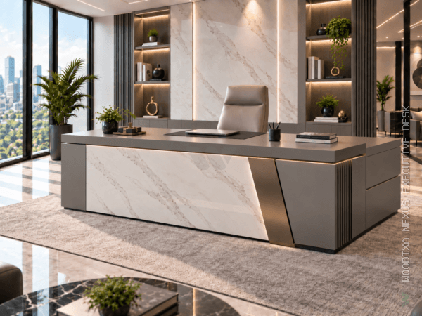 Nexus Executive Desk Metallic Grey Angled View Blue Area Pakistan Nexus Executive Desk Metallic Grey Angled View Blue Area Pakistan