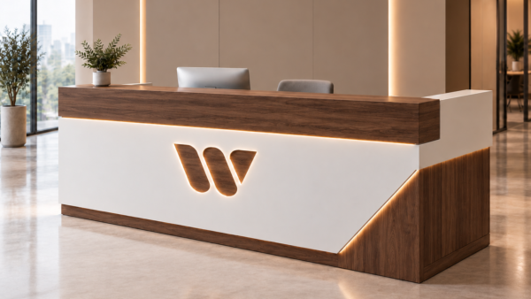 Nexus Reception Desk White Dark Walnut Angled View
