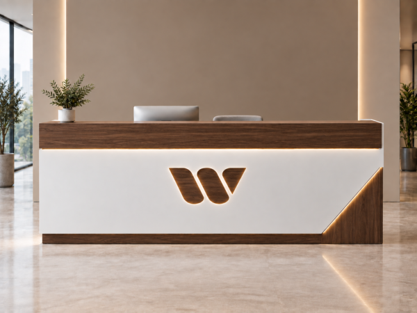 Nexus Reception Desk White Dark Walnut Front View Nexus Reception Desk White Dark Walnut Front View