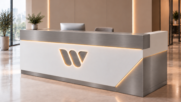 Nexus Reception Desk White Metallic Grey Angled View Nexus Reception Desk White Metallic Grey Angled View