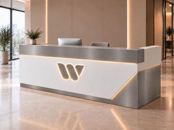 Nexus Reception Desk White Metallic Grey Angled View Nexus Reception Desk White Metallic Grey Angled View