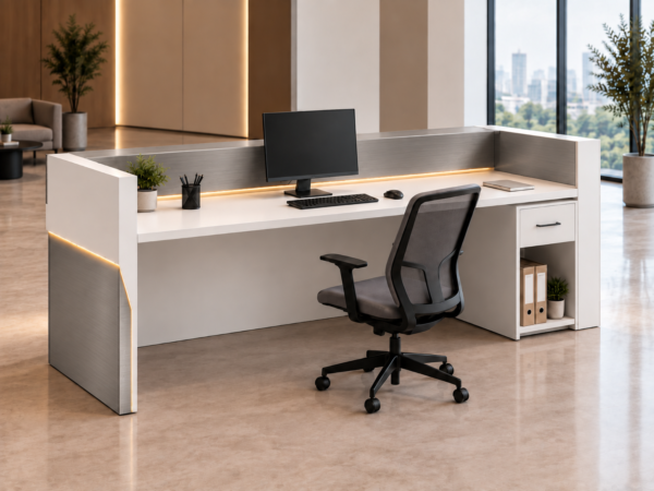 Nexus Reception Desk White Metallic Grey Rear View Nexus Reception Desk White Metallic Grey Rear View