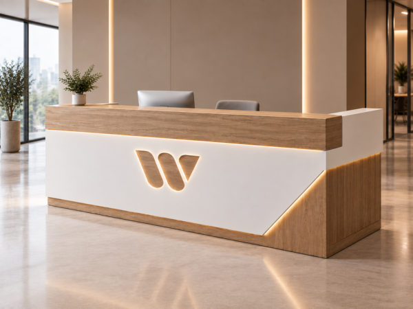Nexus Reception Desk White Natural Oat Angled View Nexus Reception Desk White Natural Oat Angled View