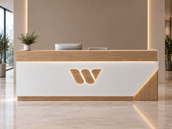 Nexus Reception Desk White Natural Oat Front View Nexus Reception Desk White Natural Oat Front View