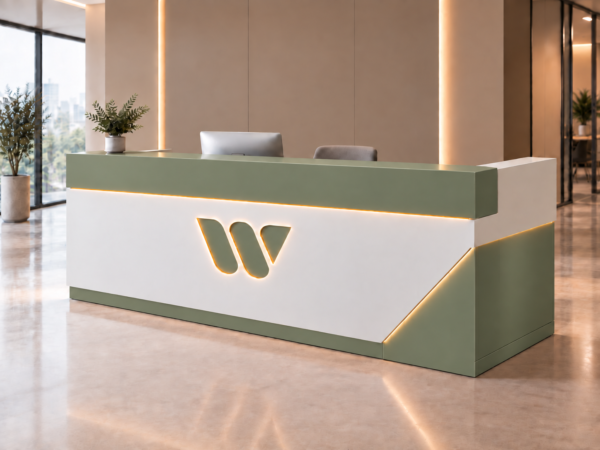 Nexus Reception Desk White Sage Green Angled View Nexus Reception Desk White Sage Green Angled View