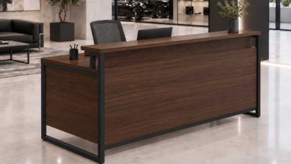 Orion Reception Desk Dark Walnut Angled View