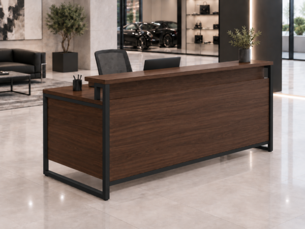 Orion Reception Desk Dark Walnut Angled View Orion Reception Desk Dark Walnut Angled View