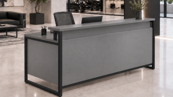 Orion Reception Desk Metallic Grey Angled View Orion Reception Desk Metallic Grey Angled View