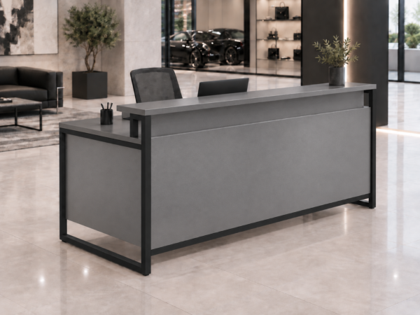 Orion Reception Desk Metallic Grey Angled View Orion Reception Desk Metallic Grey Angled View