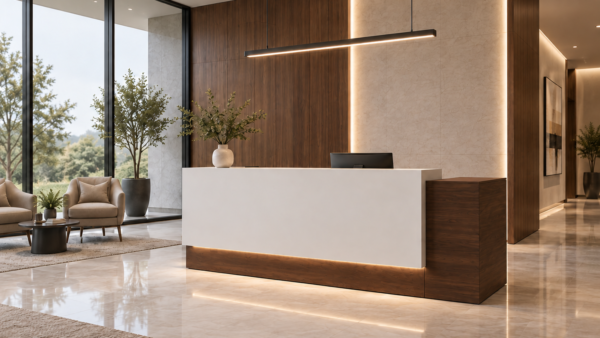 Prima Reception Desk Dark Walnut Angled View