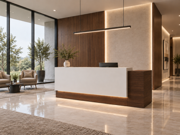 Prima Reception Desk Dark Walnut Angled View Prima Reception Desk Dark Walnut Angled View