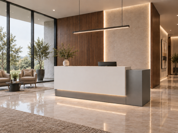 Prima Reception Desk Metallic Grey Angled View Prima Reception Desk Metallic Grey Angled View