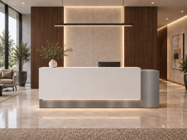 Prima Reception Desk Metallic Grey Front View Prima Reception Desk Metallic Grey Front View