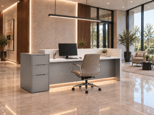 Prima Reception Desk Metallic Grey Rear View Prima Reception Desk Metallic Grey Rear View