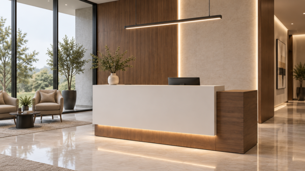 Prima Reception Desk Natural Oat Angled View