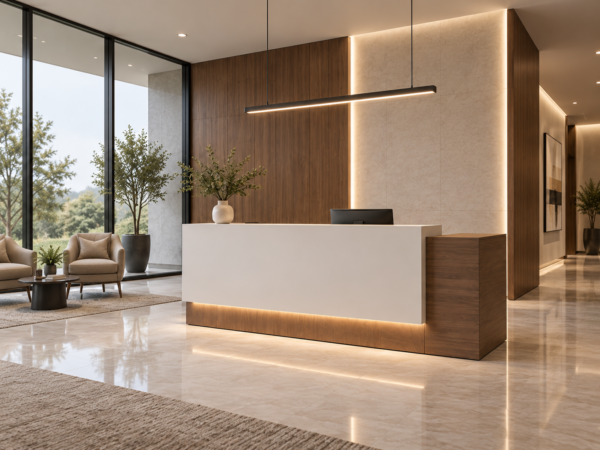 Prima Reception Desk Natural Oat Angled View Prima Reception Desk Natural Oat Angled View